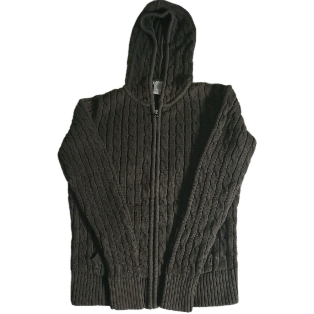 Ann Taylor Petites SP Brown‎ Cable Knit Zip Up Hoodie Sweater Women Small